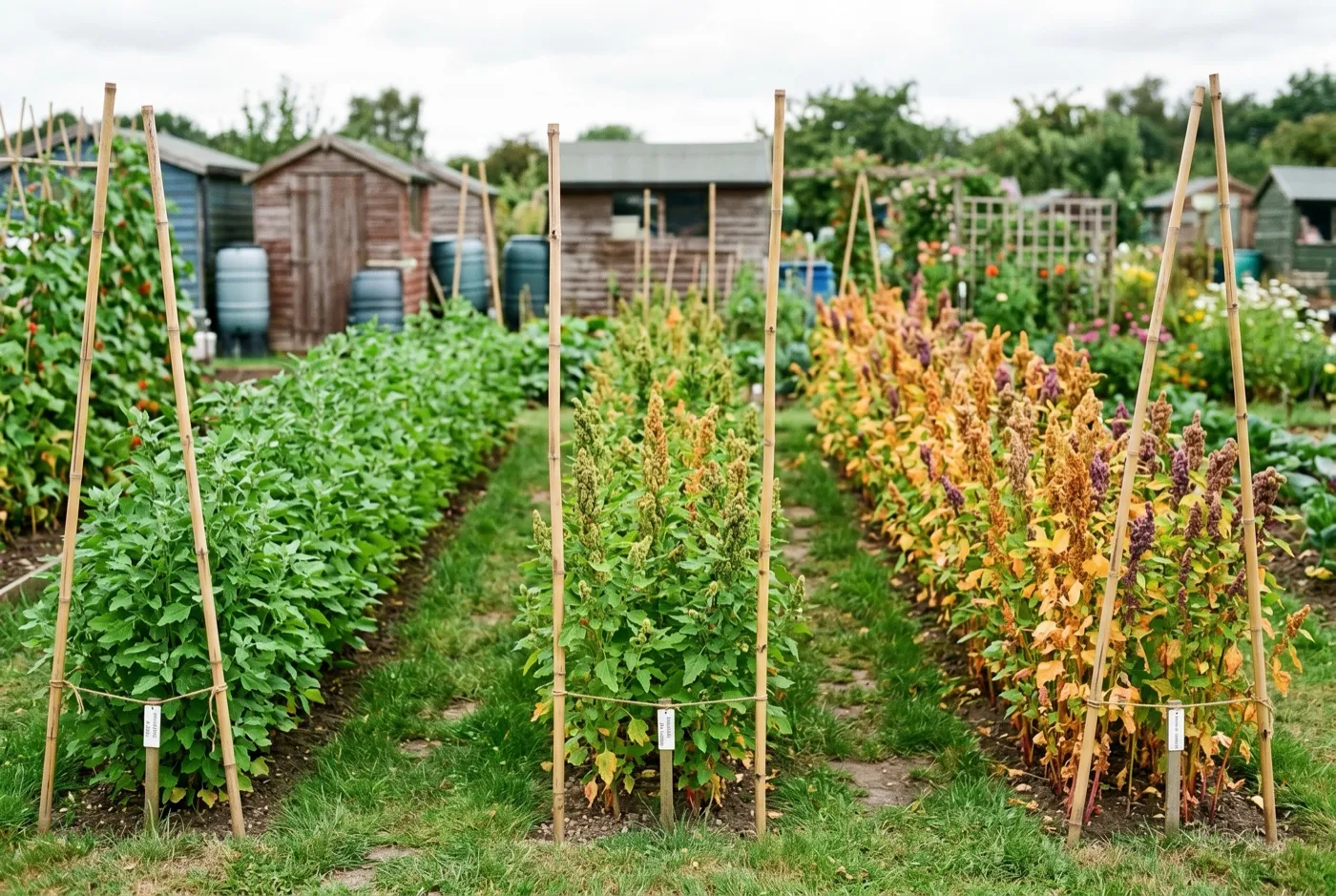 Three trial rows of quinoa at different heights on a Staffordshire allotment in late summer