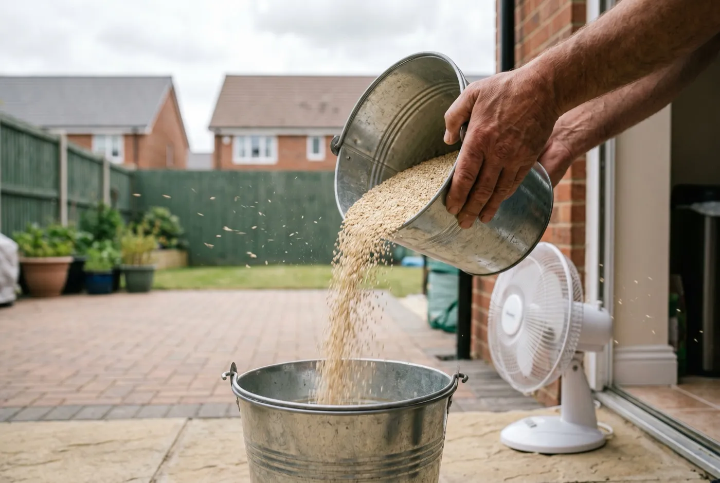 Quinoa grain being poured between buckets in front of a fan with chaff blowing clear