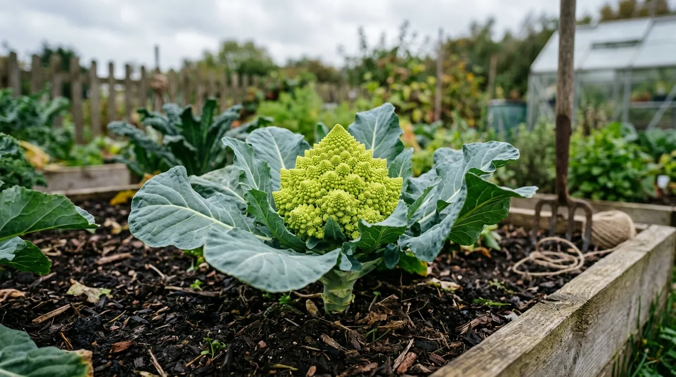 Romanesco broccoli growing in a UK raised bed vegetable garden with fractal spiral head