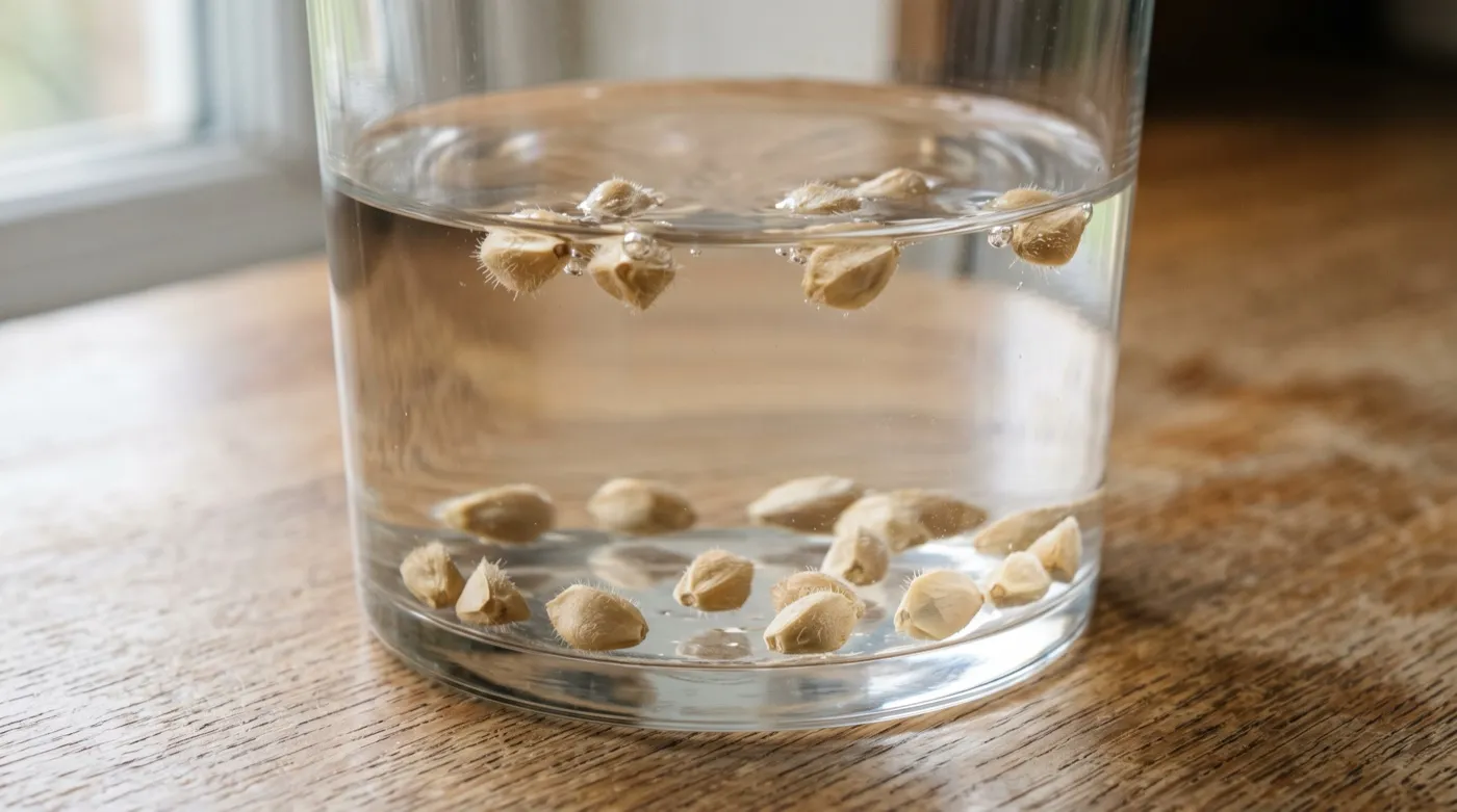 Rose seeds in a glass of water for the float test, some seeds resting on the bottom and others floating at the surface