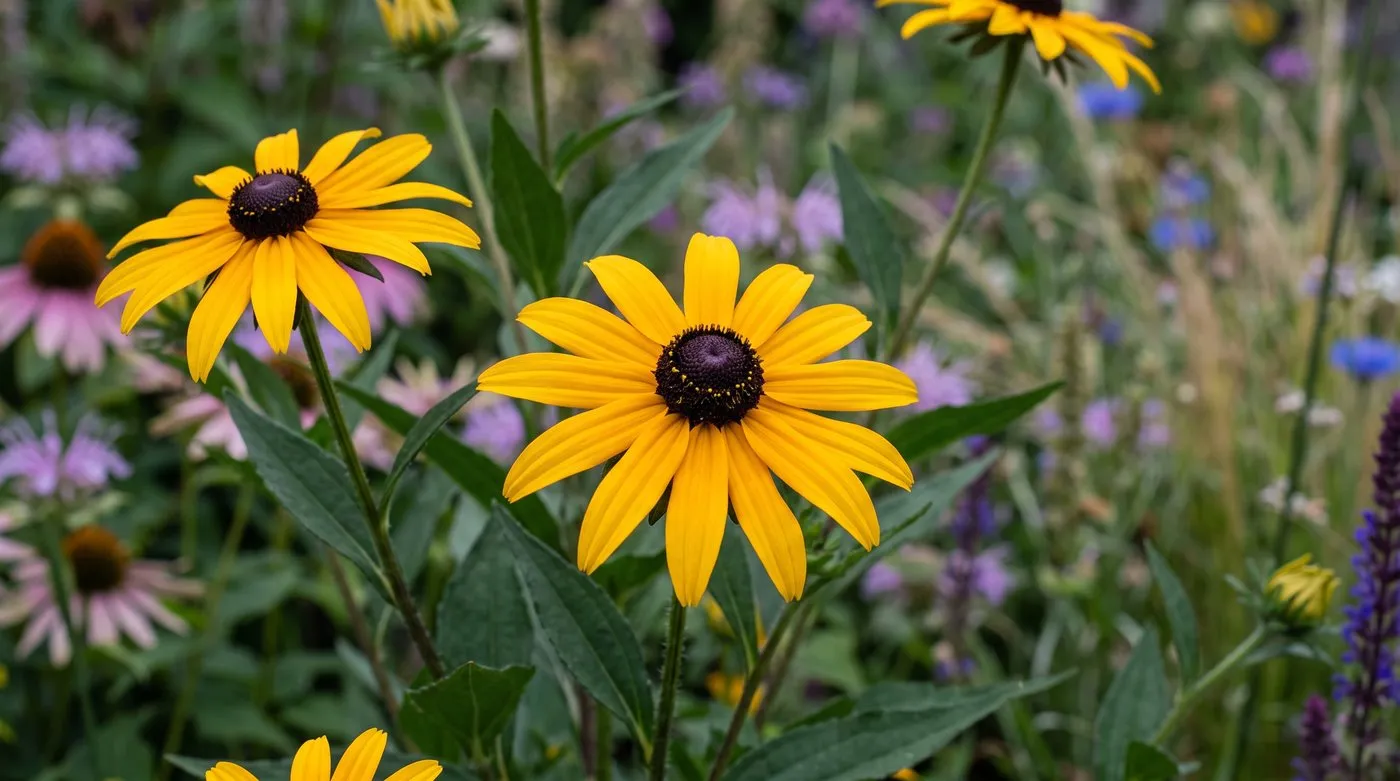 Close-up of golden Rudbeckia fulgida Goldsturm flowers with dark cones against green foliage in a British border