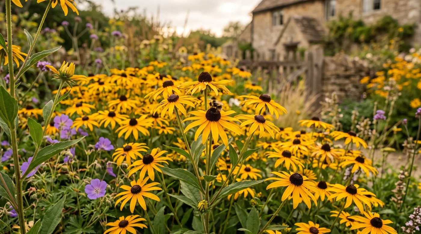 Golden rudbeckia black-eyed Susan flowers massed in a sunny UK cottage garden border with a bumblebee