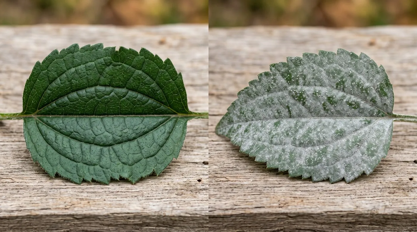 Comparison of a healthy green rudbeckia leaf beside one showing pale powdery mildew coating from drought stress