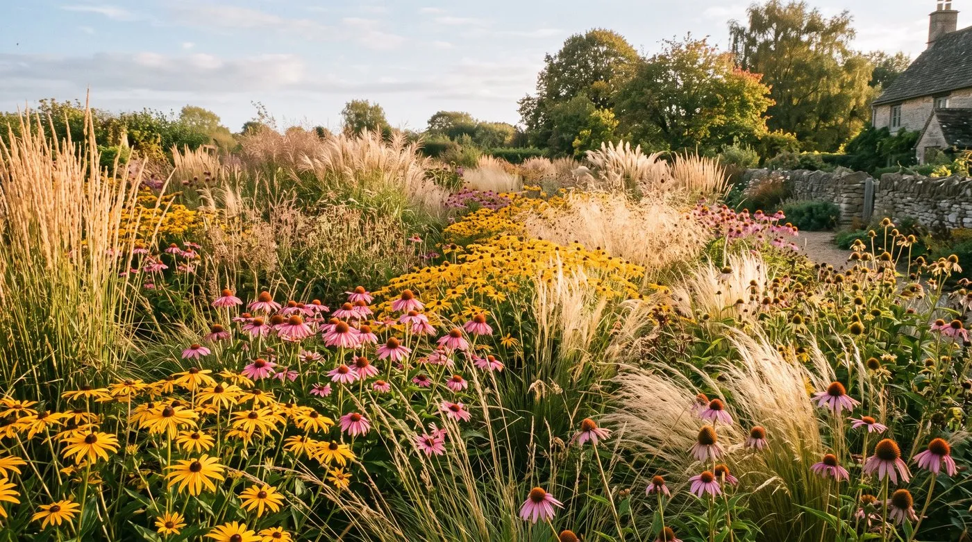 Rudbeckia flowering among tall ornamental grasses and echinacea in a naturalistic prairie-style UK planting