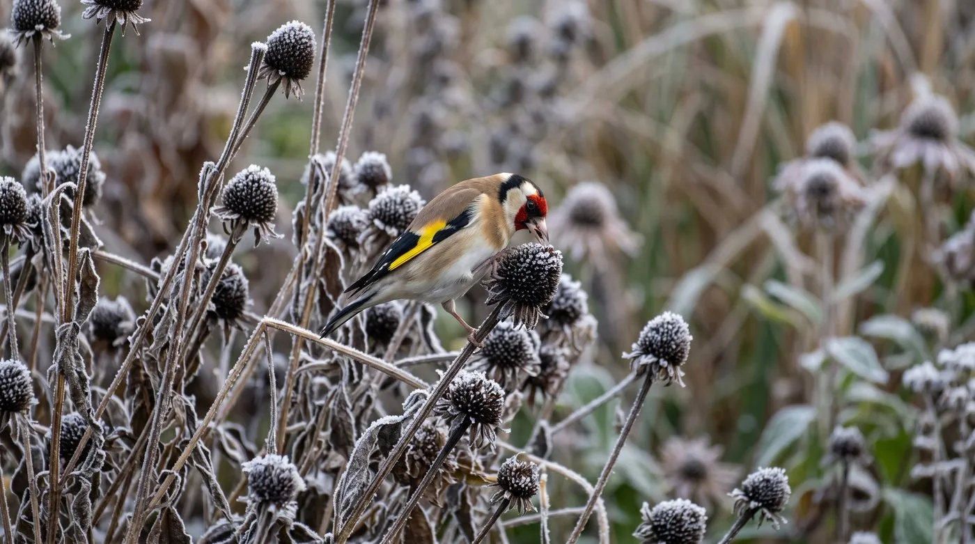 Frost-lined dark rudbeckia seedheads standing in a winter UK garden with a goldfinch feeding on the seed