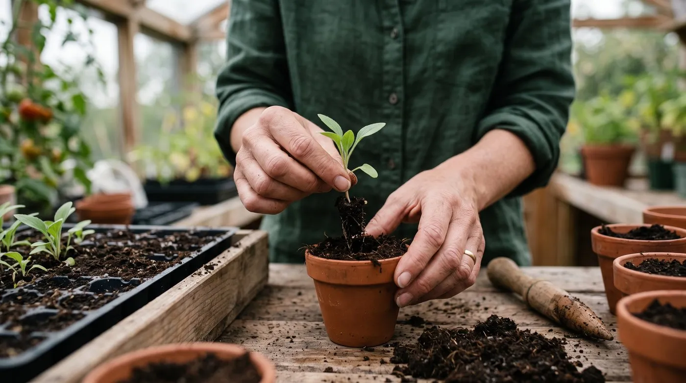 Hands pricking out young rudbeckia seedlings from a seed tray into individual pots on a greenhouse bench