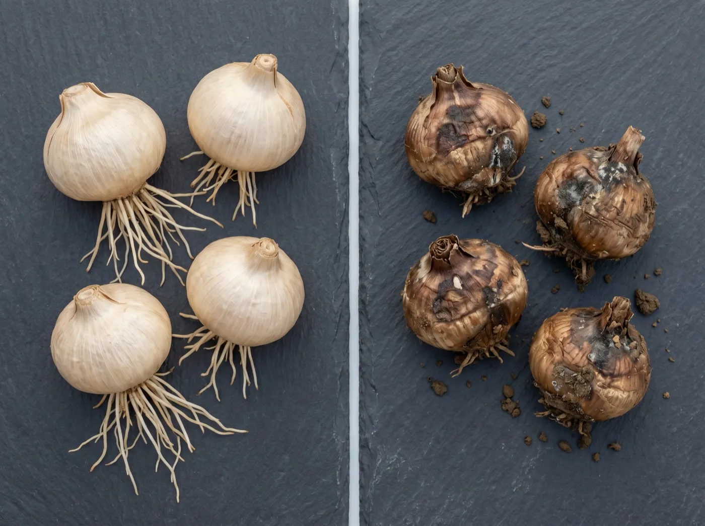 Comparison of healthy plump saffron corms beside rotted soft brown corms from a wet clay bed