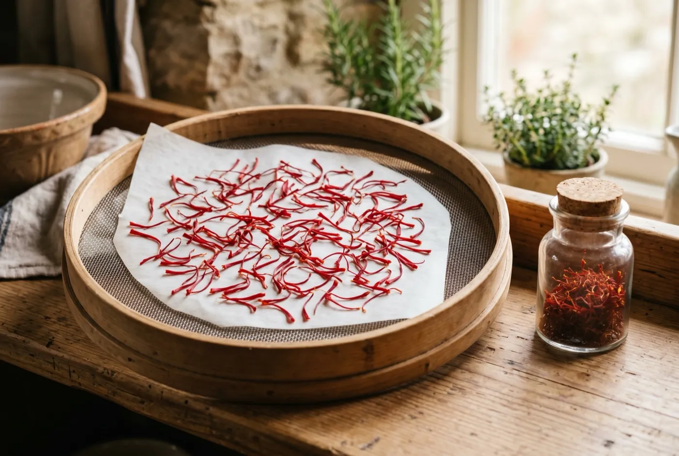 Freshly harvested saffron stigmas drying on a fine mesh sieve on a warm kitchen shelf