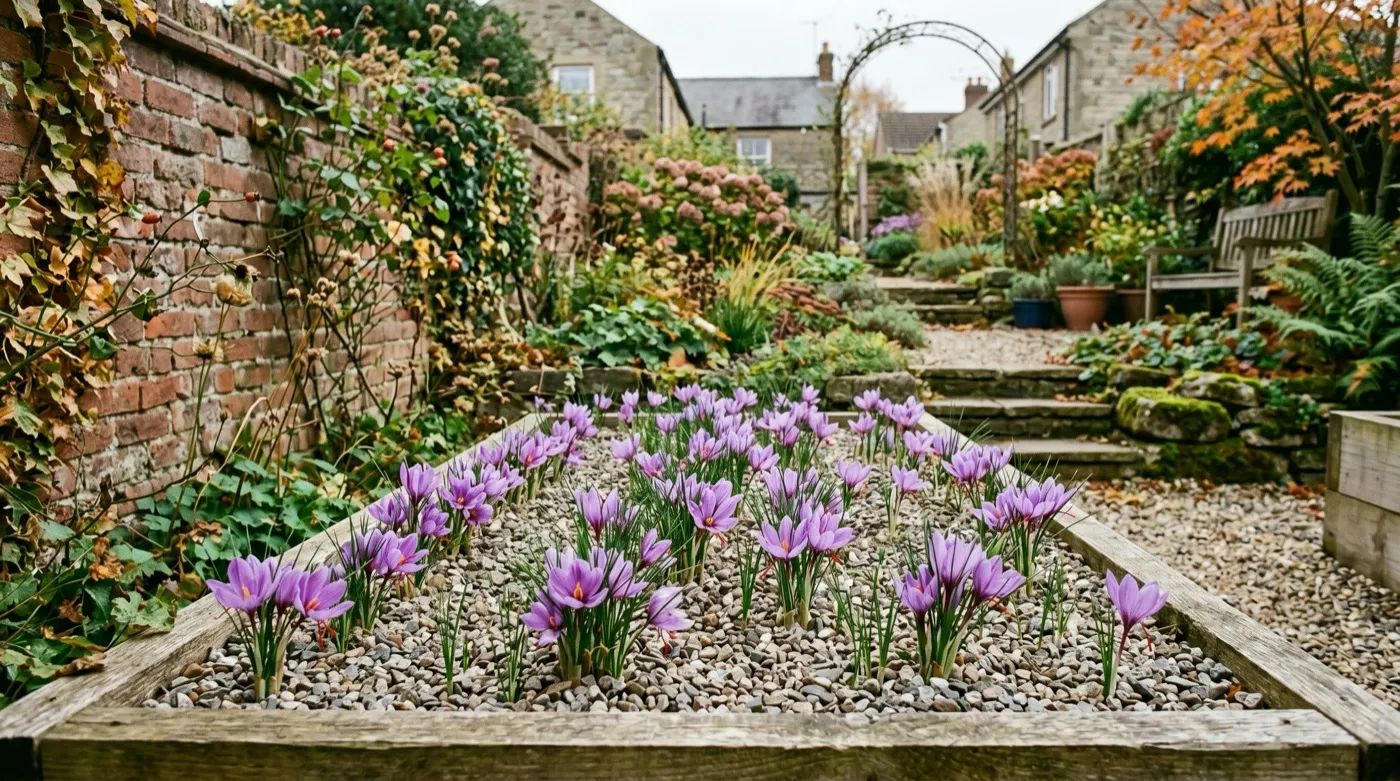 A raised gravel garden bed studded with flowering purple saffron crocus in a UK town garden in autumn