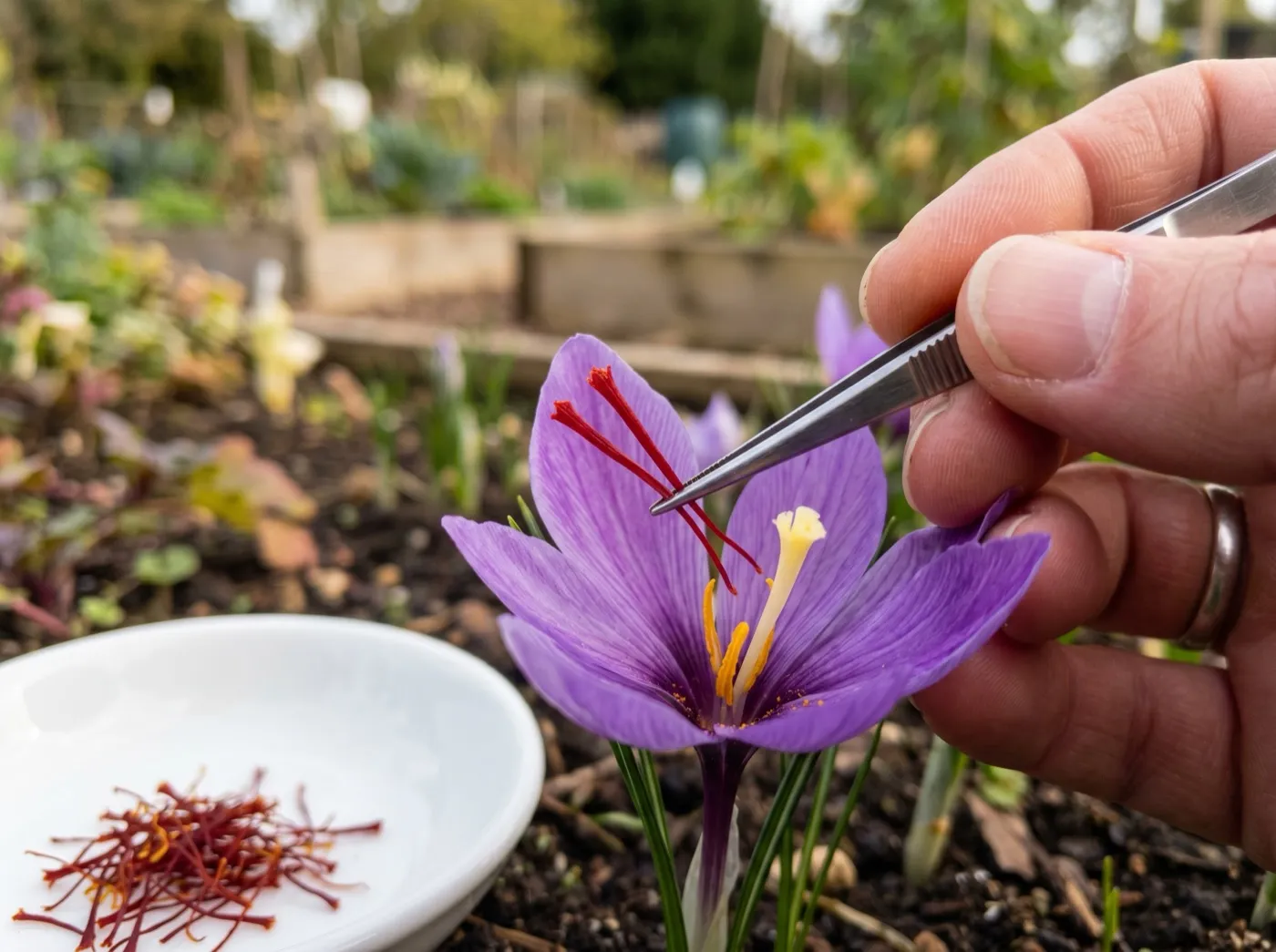 Crimson saffron stigmas being plucked from an open purple crocus flower by a gardener's fingers