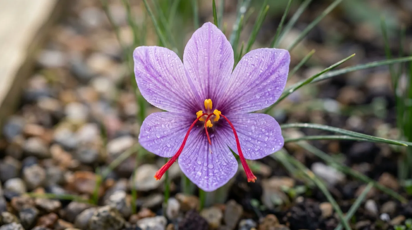 Crimson saffron stigmas inside an open purple Crocus sativus flower in a UK raised bed