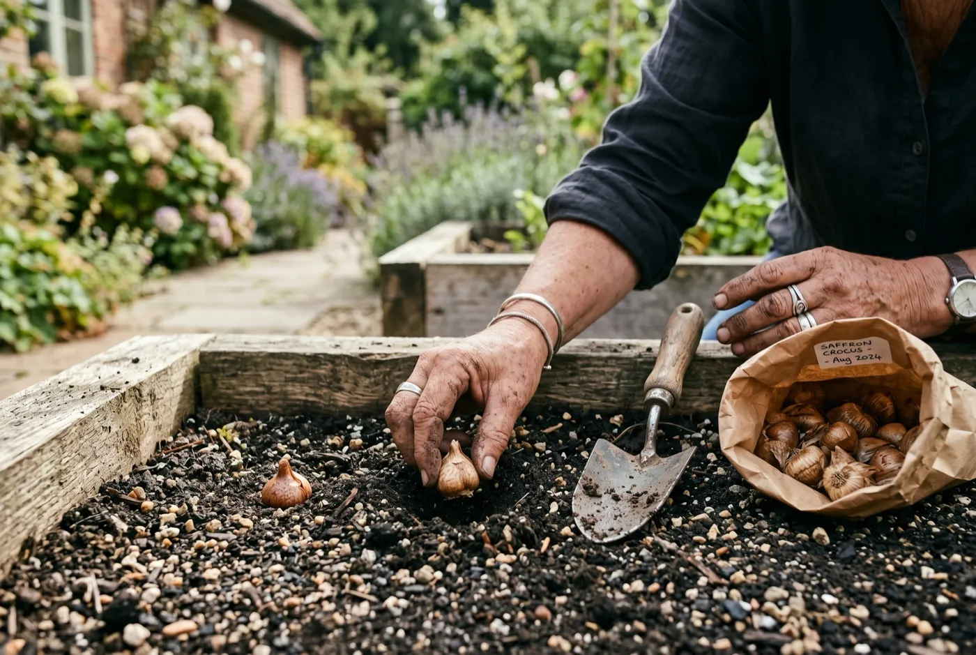 Hand pressing Crocus sativus saffron corms into gritty soil in a raised bed in summer