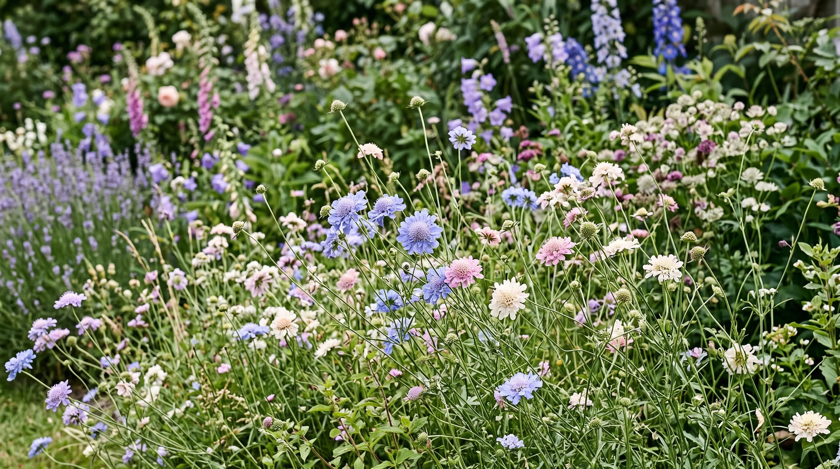 Blue and pink scabious pincushion flowers massed in a sunny UK cottage garden border