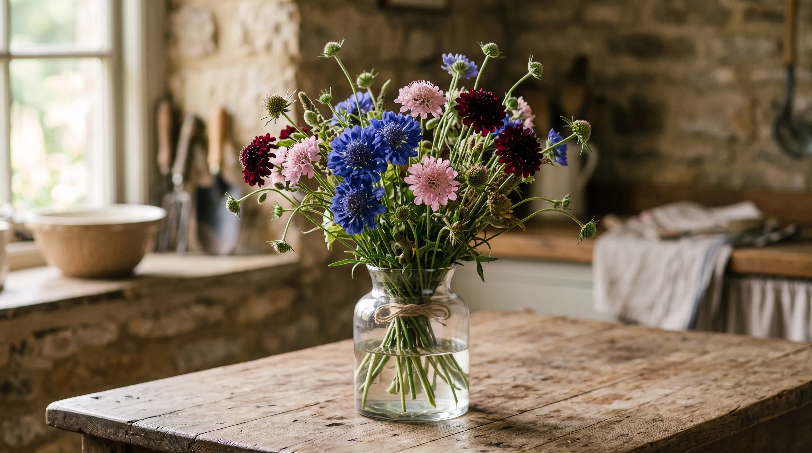 A hand-tied vase of freshly cut scabious flowers in blue, pink and dark red on a wooden table