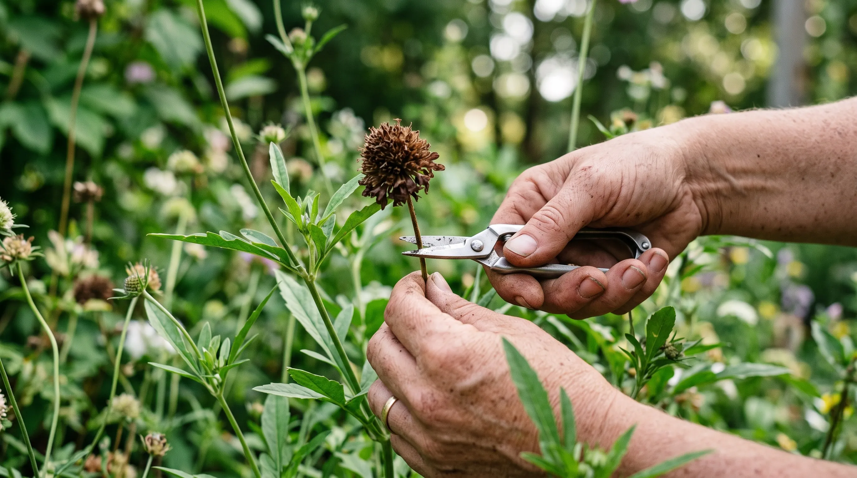 A gardener using snips to deadhead a spent scabious flower head on the plant