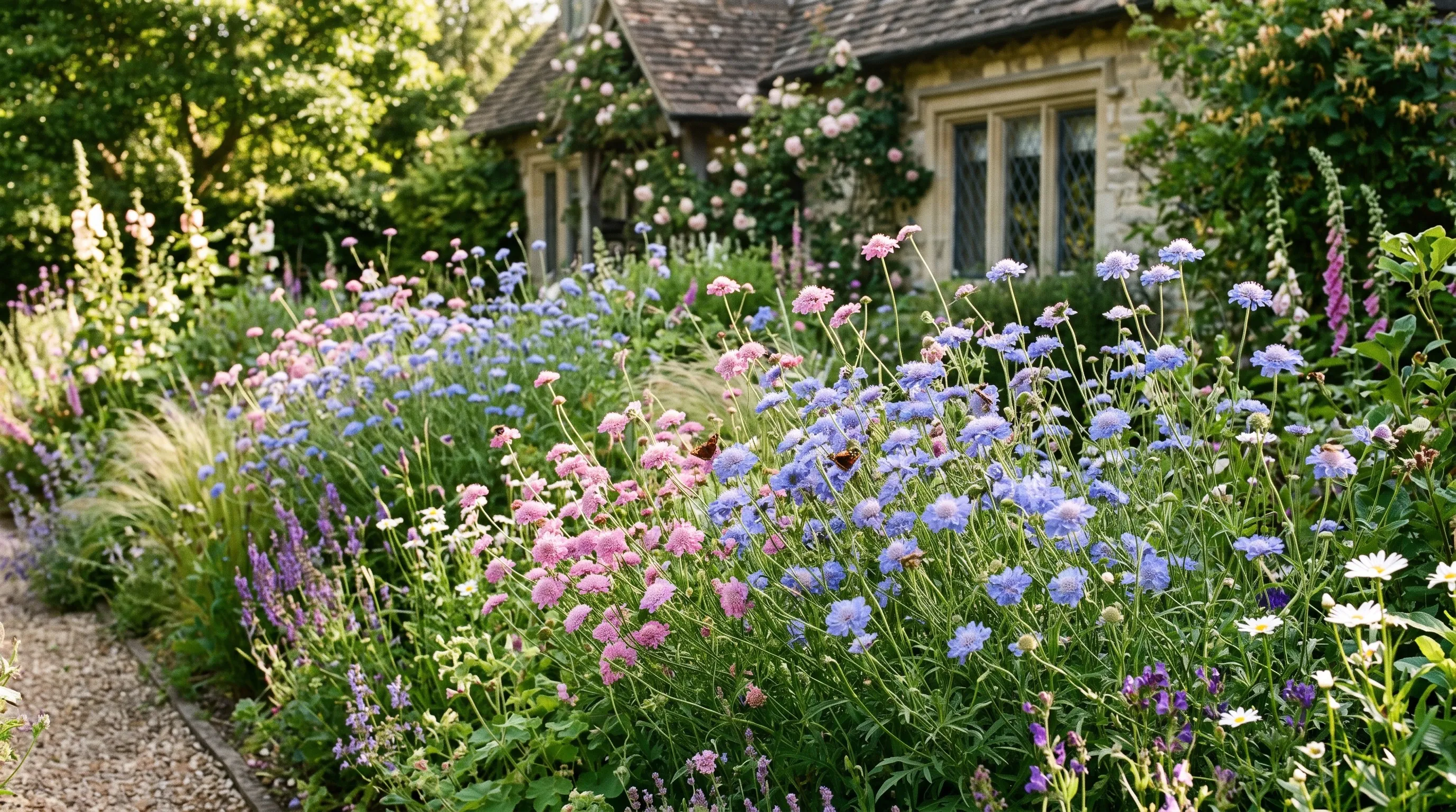 Blue and pink scabious pincushion flowers in a sunny UK cottage garden border