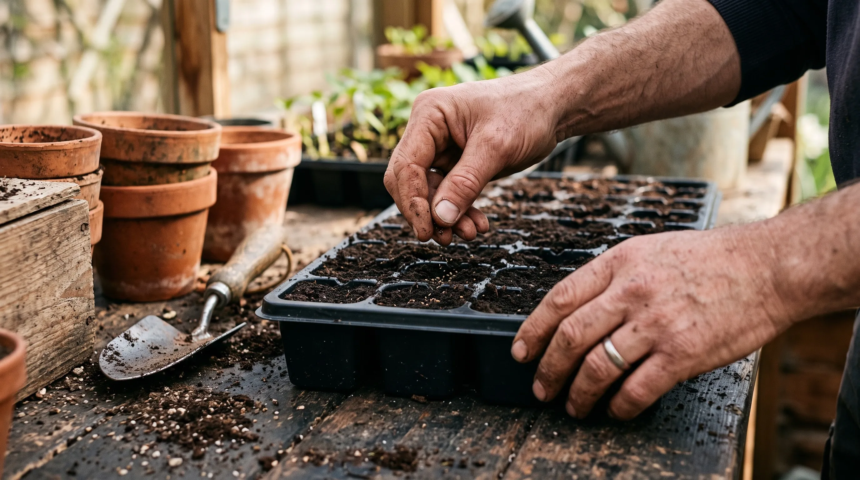 Hands sowing small scabious seeds into a module seed tray on a potting bench