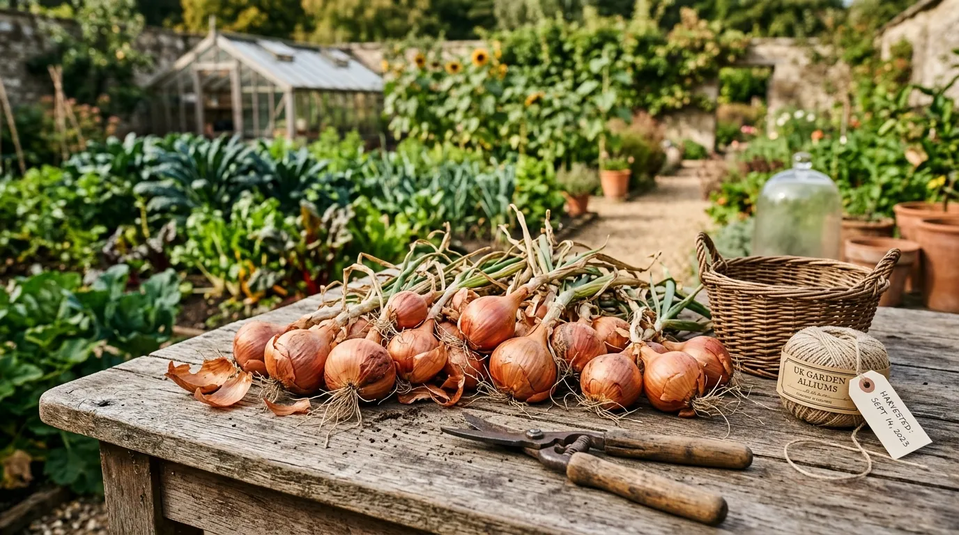 Freshly harvested shallots drying on a wooden table in a UK kitchen garden