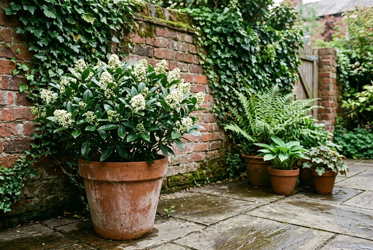 Skimmia japonica growing in a terracotta pot on a north-facing UK patio surrounded by ferns and hostas