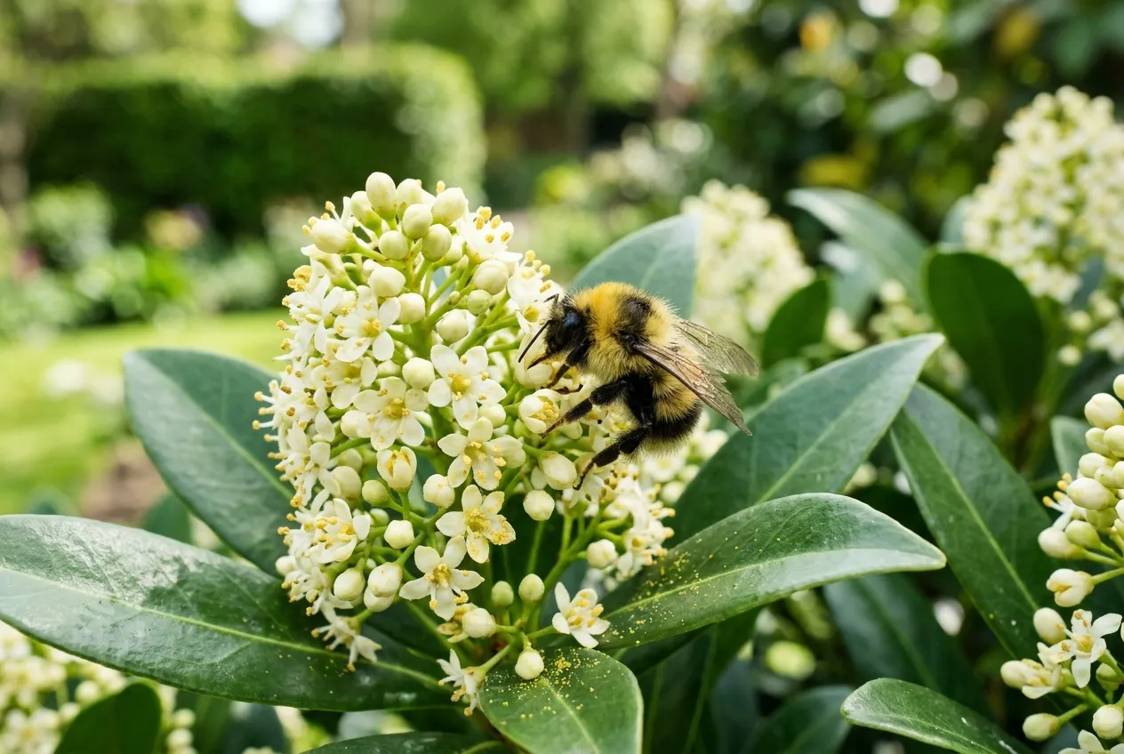 Close-up of Skimmia japonica Kew Green showing cream-white fragrant flower panicles with a bumblebee visiting