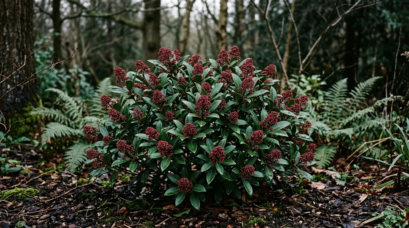 Skimmia japonica Rubella with deep red buds growing in a shaded UK woodland garden border