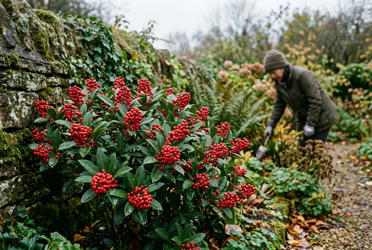 Skimmia japonica bearing clusters of bright red berries against dark green foliage in a shaded UK cottage garden