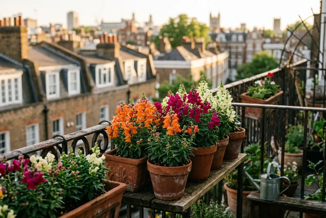 Dwarf snapdragons in terracotta containers on a UK city balcony with orange, magenta, and cream flowers