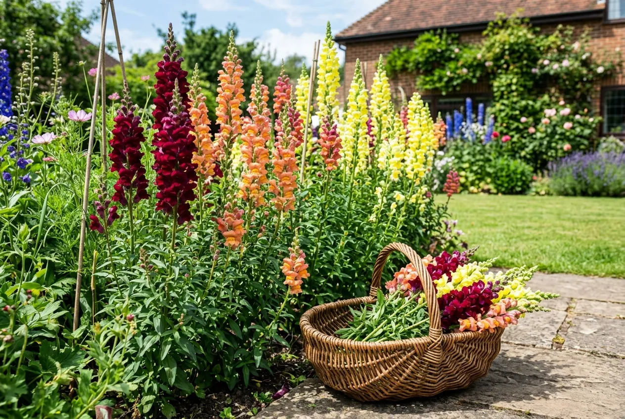 Tall snapdragon spikes growing in a UK cutting garden with a basket of freshly cut stems