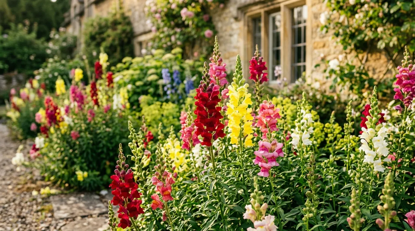 Snapdragons growing in a sunny UK cottage garden border with red, yellow, pink, and white flower spikes