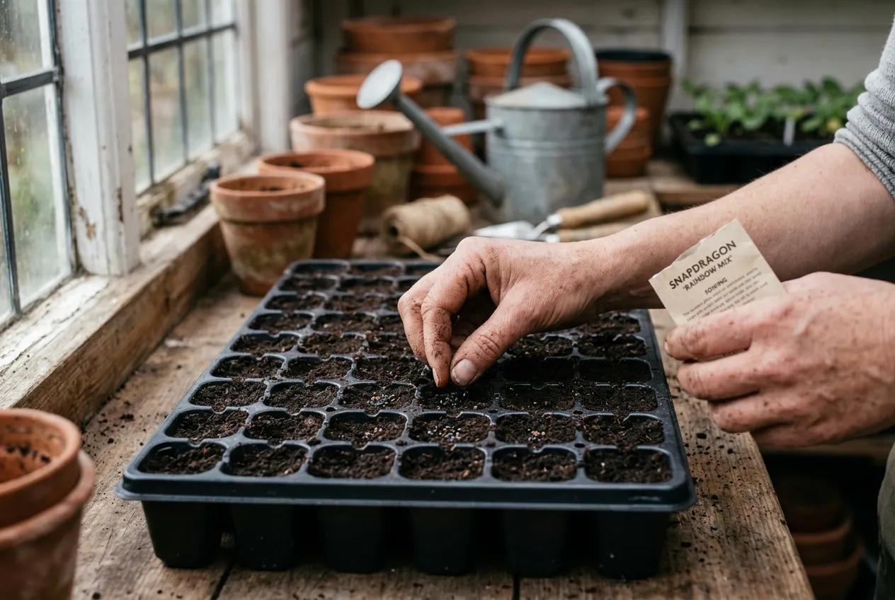 Sowing snapdragon seeds into a modular seed tray in a UK potting shed