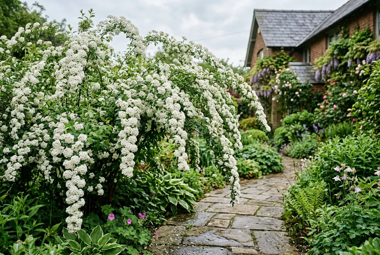 Spiraea x vanhouttei bridal wreath with cascading white flowers arching over a stone path in a UK garden