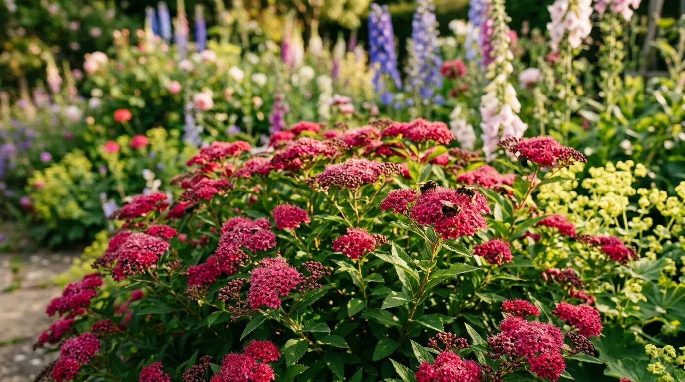 Spirea japonica Anthony Waterer shrub in full crimson-pink bloom in a UK cottage garden