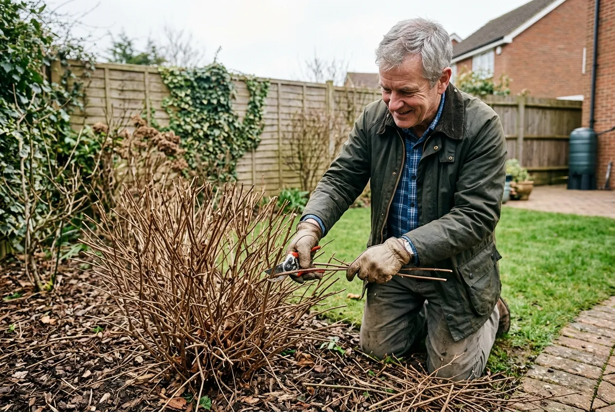 A gardener pruning a Spiraea japonica shrub with bypass secateurs in early spring in a UK garden