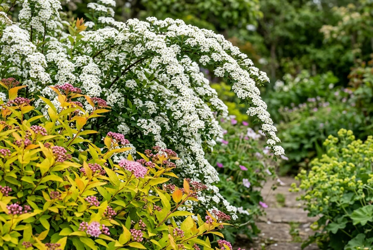 Spirea nipponica Snowmound and golden Spiraea japonica Goldflame growing together in a UK garden border