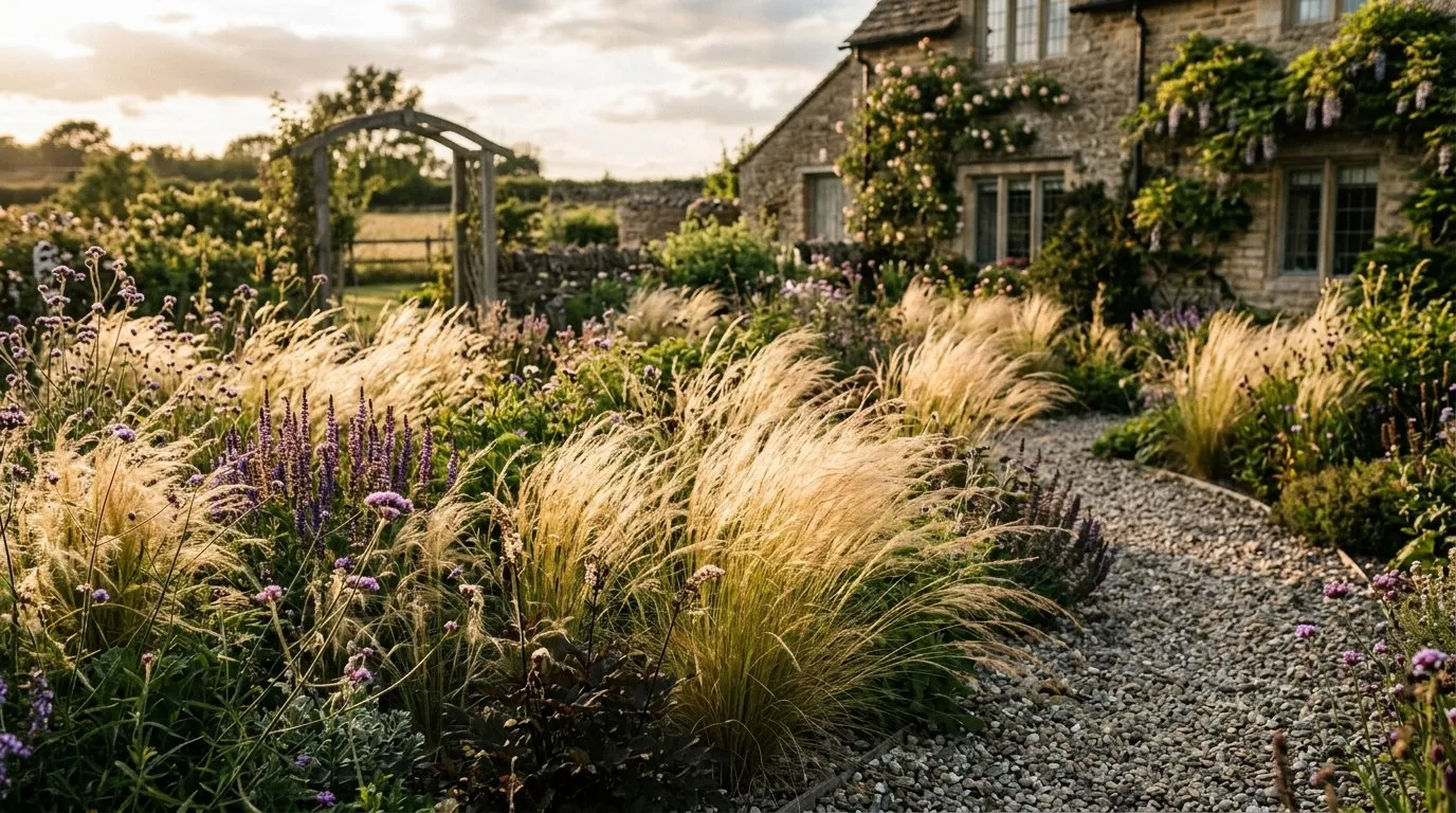 Stipa tenuissima feather grass swaying in a UK gravel garden with golden evening light
