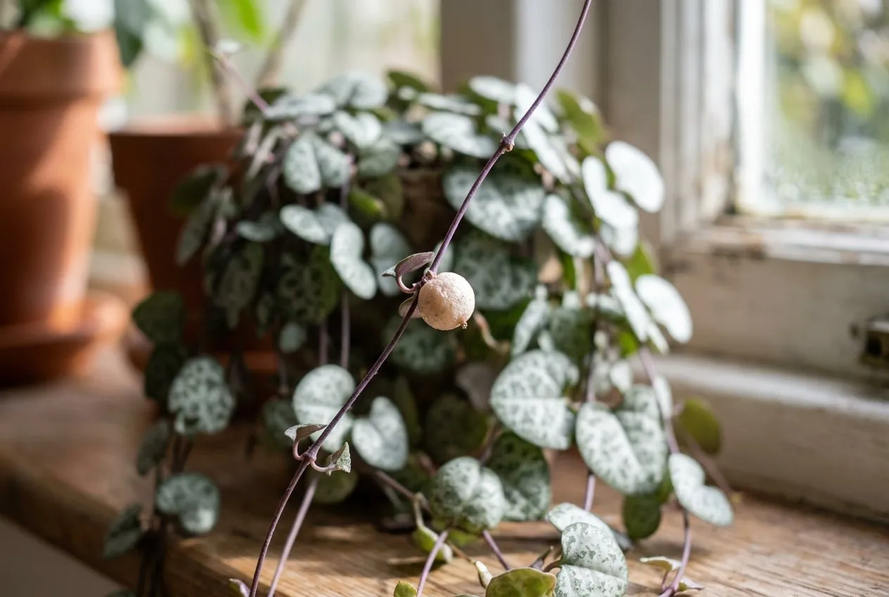 A close-up of an aerial tuber, or bead, on a string of hearts stem, the small round growth that stores water and roots easily