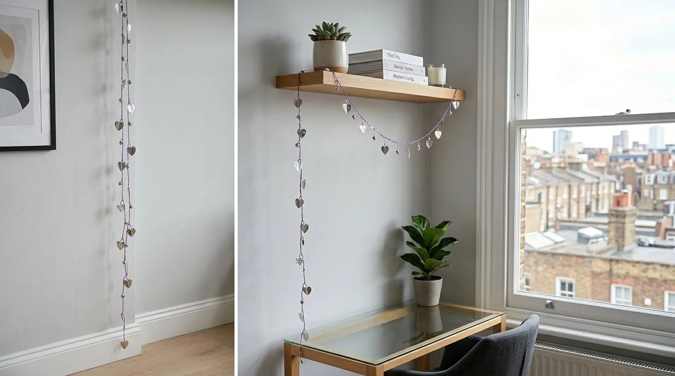 A styled string of hearts trailing from a high shelf in a bright modern city flat, the long strands cascading down against a pale wall