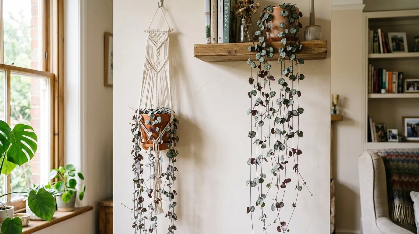 A long string of hearts (Ceropegia woodii) trailing 1.5 metres from a wooden shelf in a bright UK living room, with silver heart-shaped marbled leaves on thin purple stems