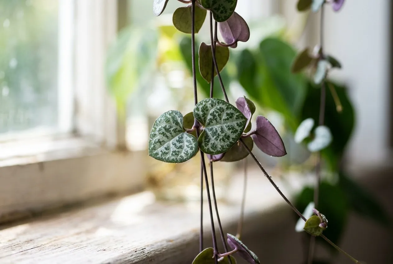 A close-up macro of string of hearts leaves showing the silver-marbled heart shape on a dark green base, with purple stems, on a bright UK windowsill