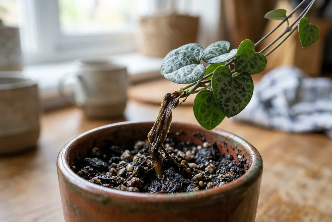 An overwatered string of hearts showing a soft, mushy, brown collapsed stem at the base, a classic sign of rot in a UK home