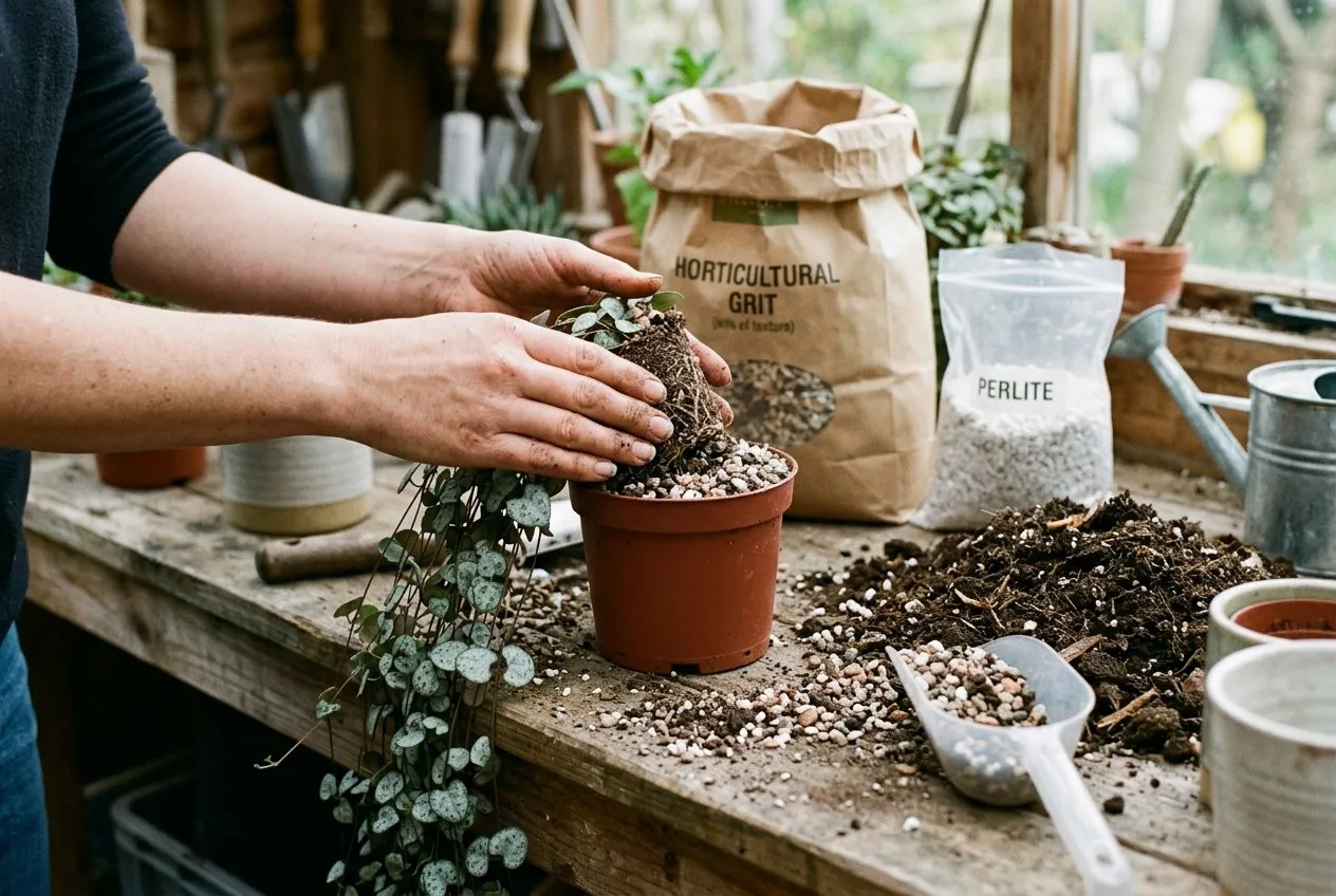 Repotting a string of hearts into a free-draining gritty cactus mix with horticultural grit and perlite, on a UK potting bench