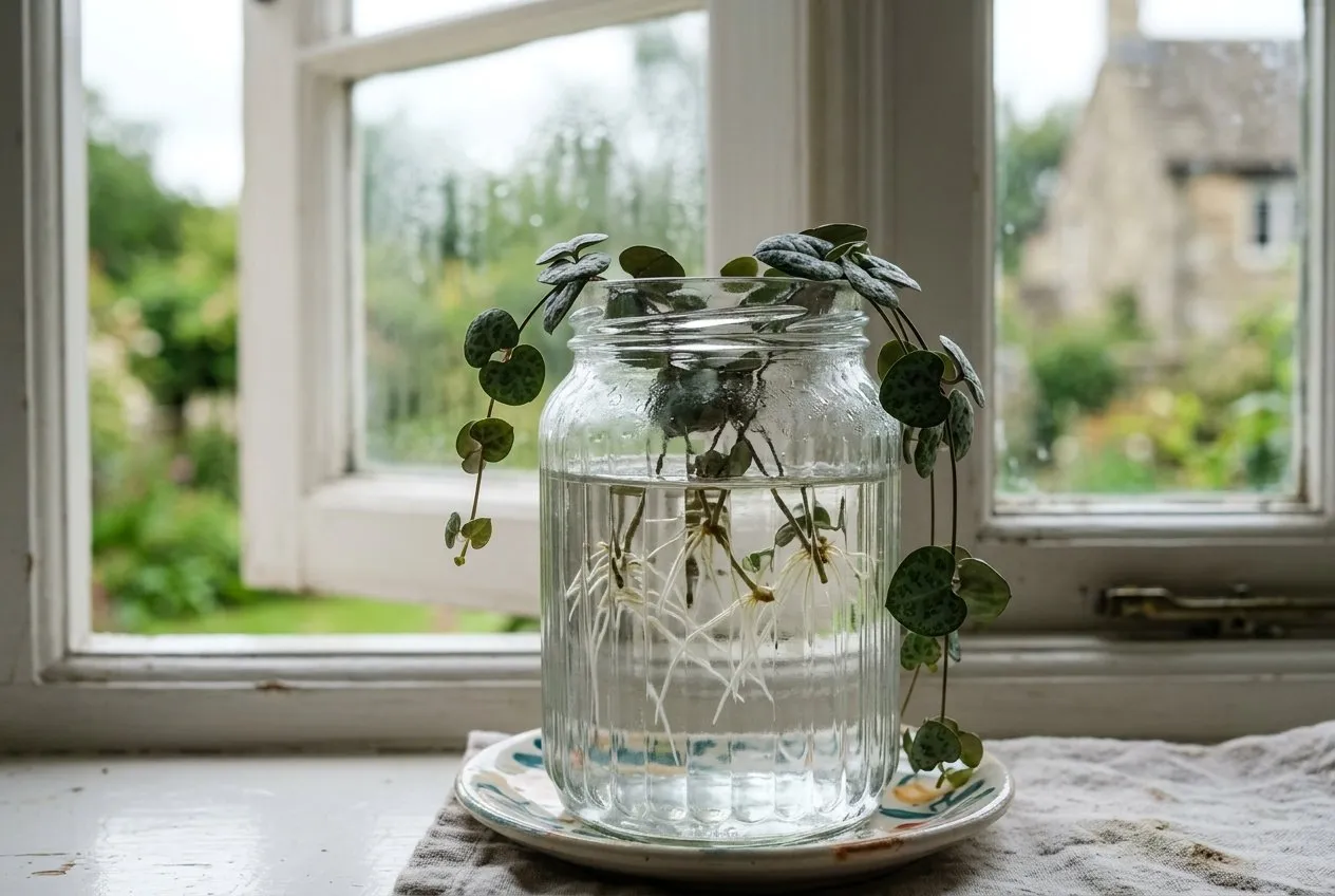 Water-propagating string of hearts cuttings rooting in a clear glass jar on a bright UK windowsill, with thin white roots visible