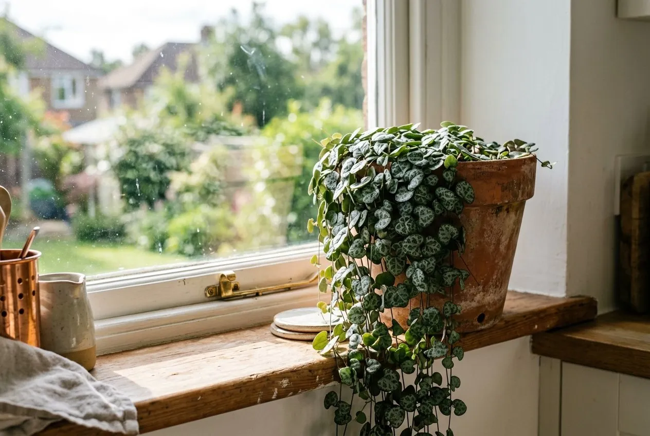 A string of hearts trailing from a pot on a sunny south-facing windowsill in a UK kitchen, leaves packed tightly together with strong silver marbling