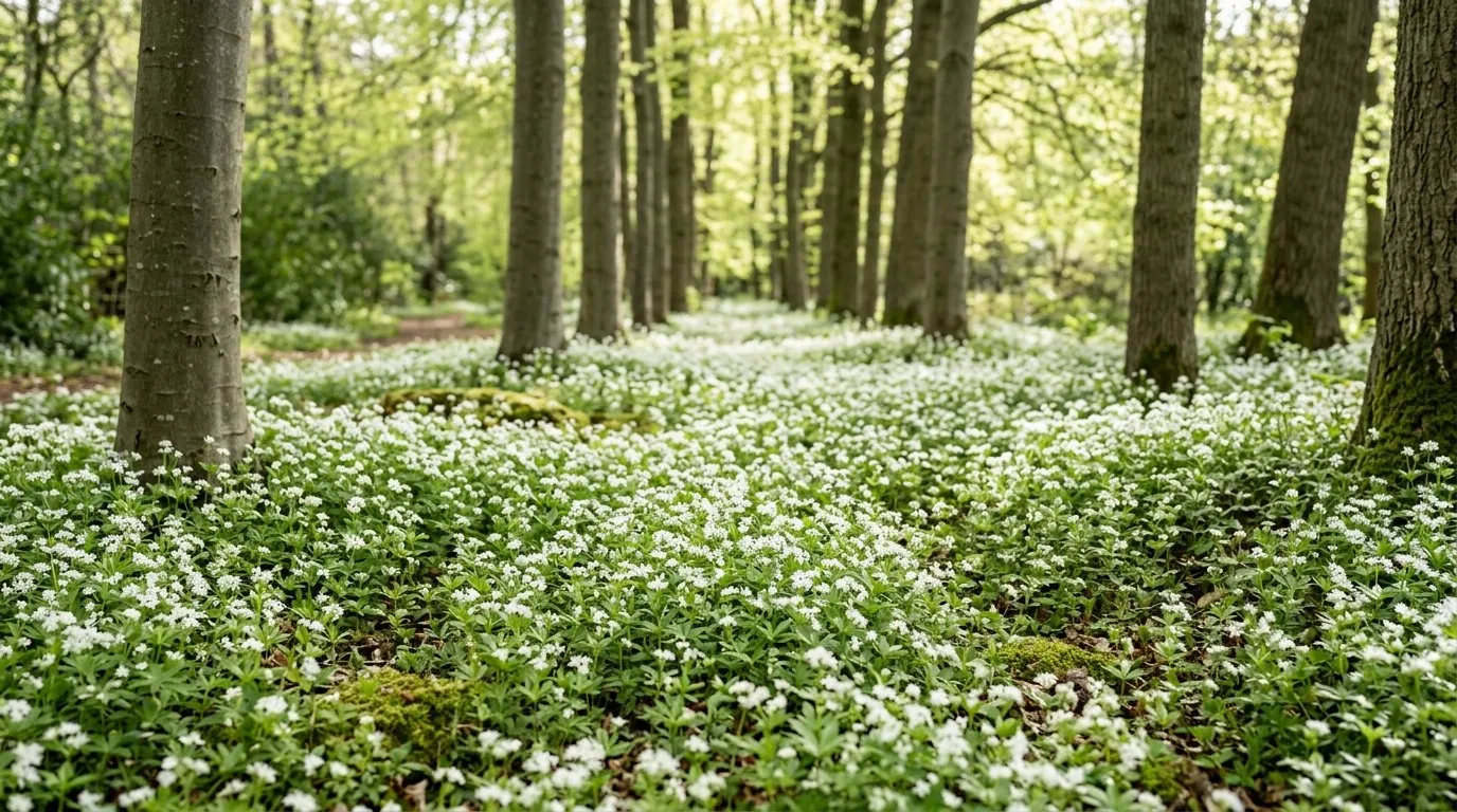 How to grow sweet woodruff UK shown as a carpet of white star flowers under deciduous trees in a Surrey woodland garden in spring