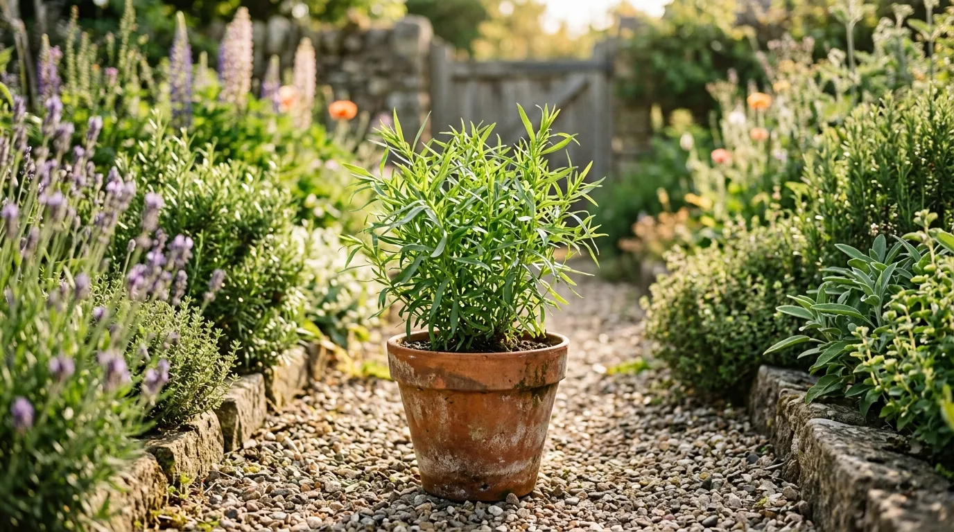 French tarragon growing in a terracotta pot in a sunny UK herb garden