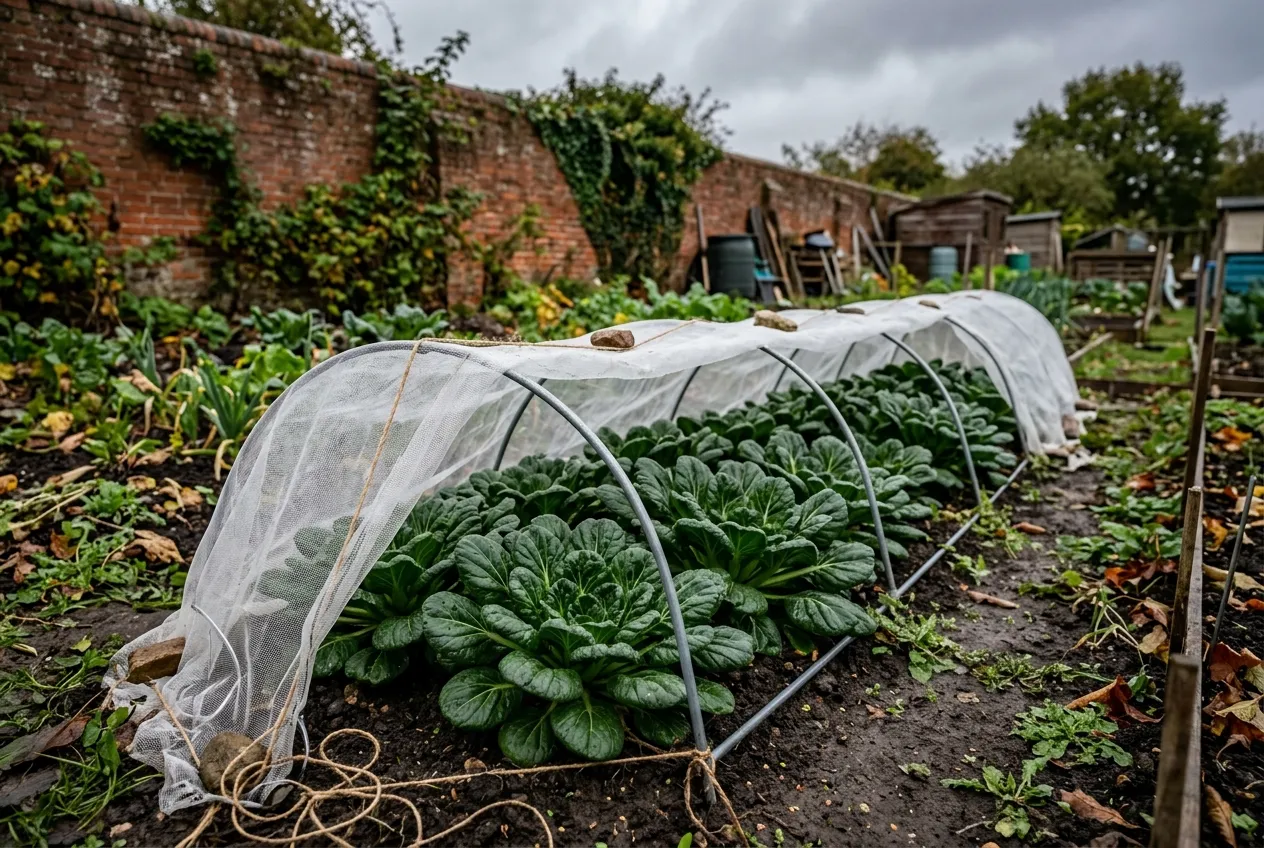 Tatsoi growing under a cloche in an English allotment garden in autumn