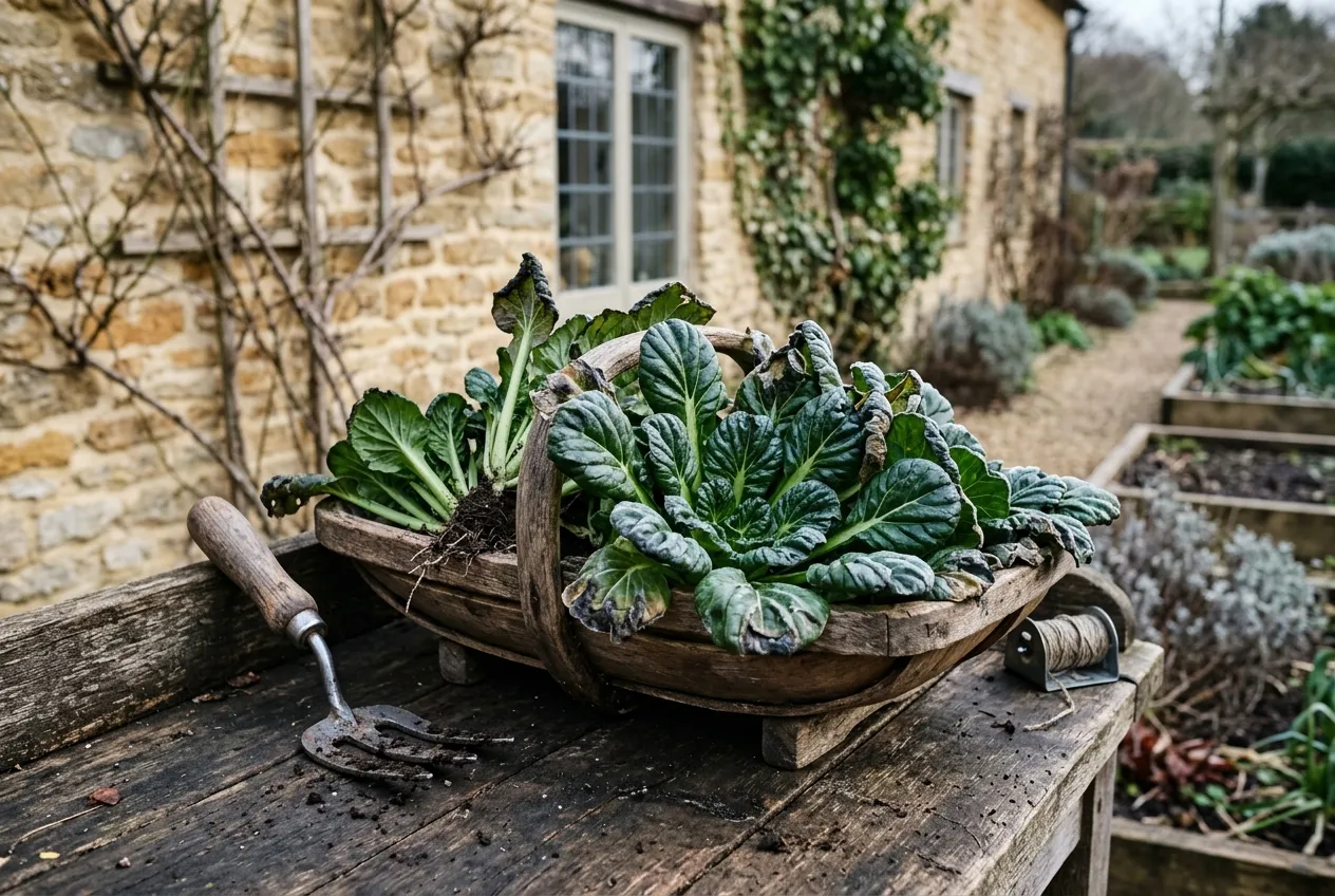 Freshly harvested tatsoi leaves in a wooden trug on a table in a British kitchen garden