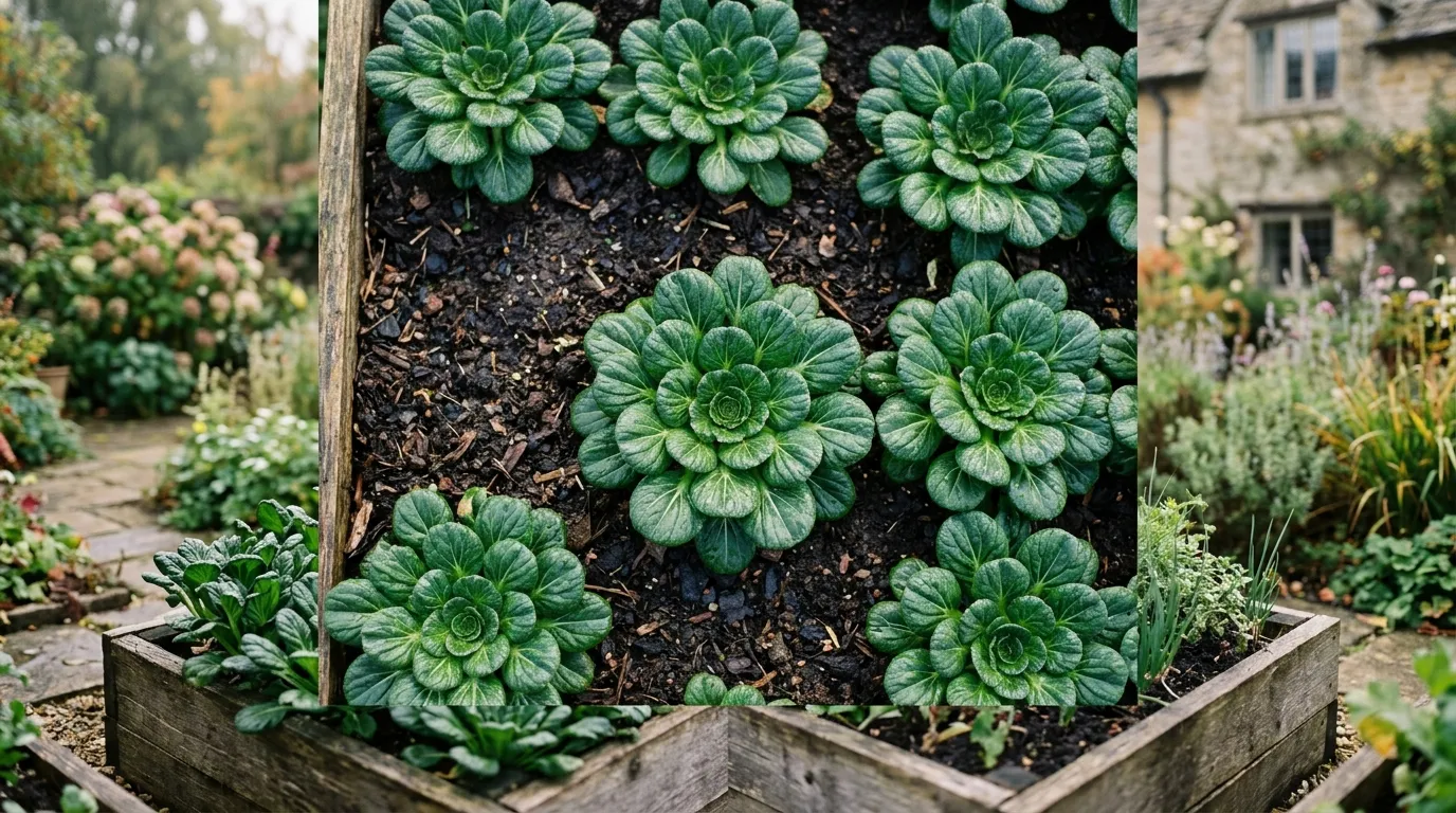 Tatsoi rosettes growing in a UK raised bed with dark green spoon-shaped leaves and morning dew