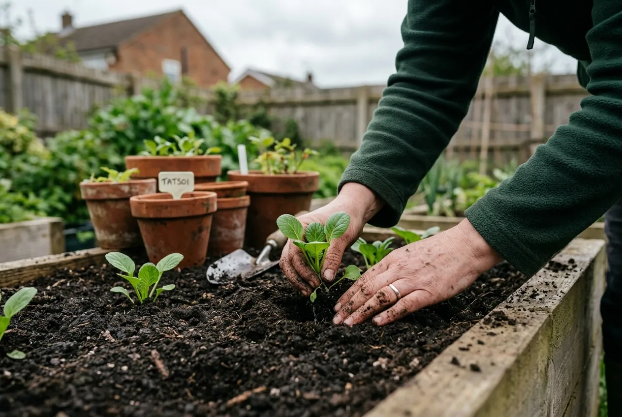 Tatsoi seedlings being transplanted into a raised bed in a UK suburban garden