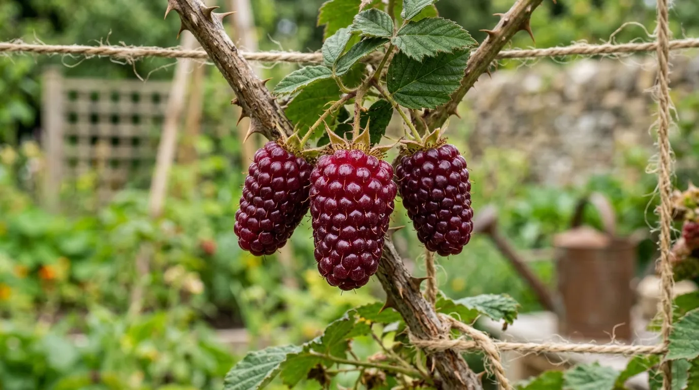 Macro close-up of three ripe tayberries showing the elongated conical shape and glossy purple-red drupelets